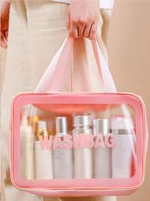 3/1pc Transparent Toiletry Bag Set, Waterproof Transparent Makeup Bag With Handle, Thickened PVC Material Wear-Resistant And Splash-Proof, Waterproof Material, With Frosted Transparent Window, Essential Beach Bag And Toiletry Bag For Vacation - Pink - View 7