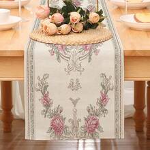 1pc French Vintage Style Polyester Rectangular White Background European Scroll Peony Floral Print Decorative Table Runner, Suitable For Dining Table, Entryway, Wedding, Afternoon Tea, All-Season Home Decor - Multicolor - View 7