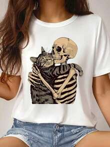 Camiseta de manga corta casual, cómoda y versátil para mujer con estampado de calavera y gato, adecuada para el hogar y el exterior 1 Sexy Casual Fiesta Dulce Elegante Alta elasticidad Playa Noche de fiesta Vacaciones Boda Deportivo Calle Sesión de fotos Formal y de noche Luna de bebe verano HalloweenPure-Cotton - Blanco - Ver 4