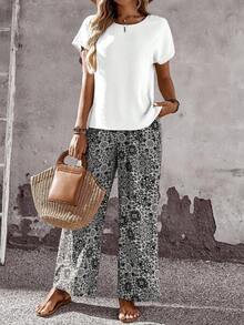 Set de 2 piezas con top de manga corta y pantalón de pierna ancha con estampado geométrico para mujer - Negro - Ver 1