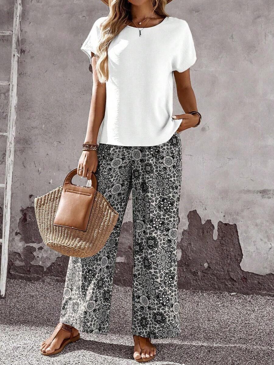 Set de 2 piezas con top de manga corta y pantalón de pierna ancha con estampado geométrico para mujer - Negro - Ver 1