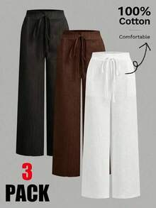Set de 3 pantalones rectos sueltos de cintura alta con cordón y bolsillos, de unicolor y versátiles, adecuados para primavera/verano - Multicolor 7 - Ver 1