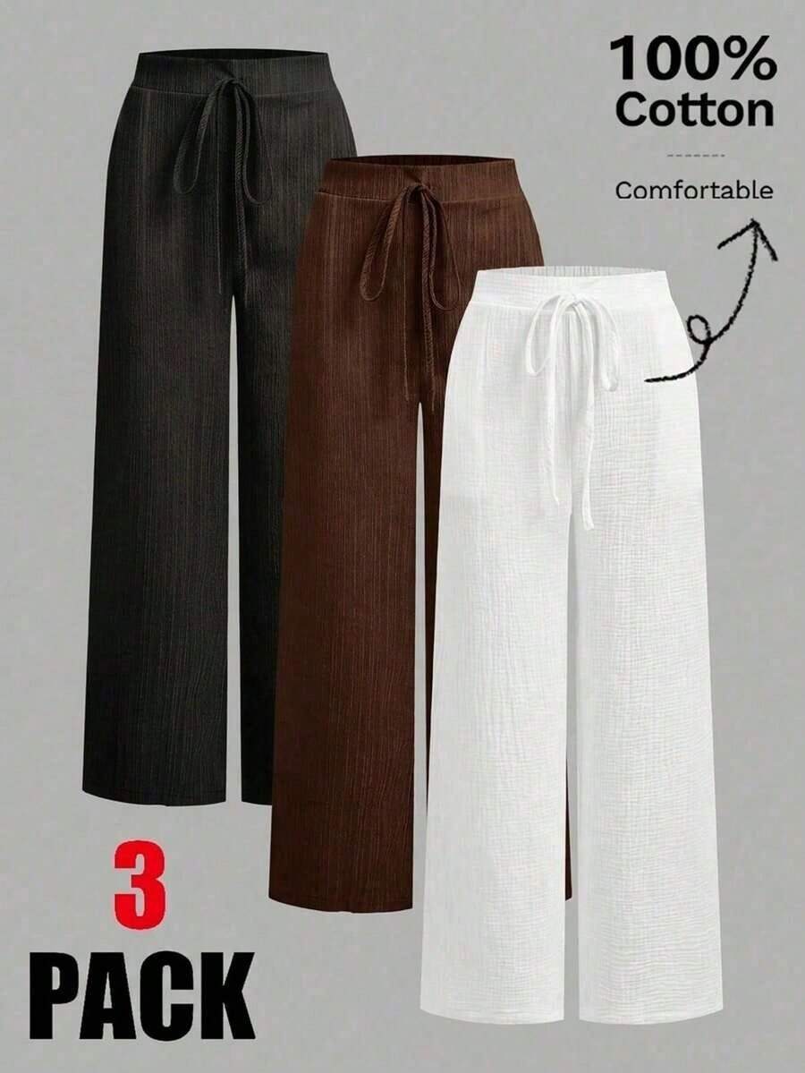 Set de 3 pantalones rectos sueltos de cintura alta con cordón y bolsillos, de unicolor y versátiles, adecuados para primavera/verano - Multicolor 7 - Ver 1