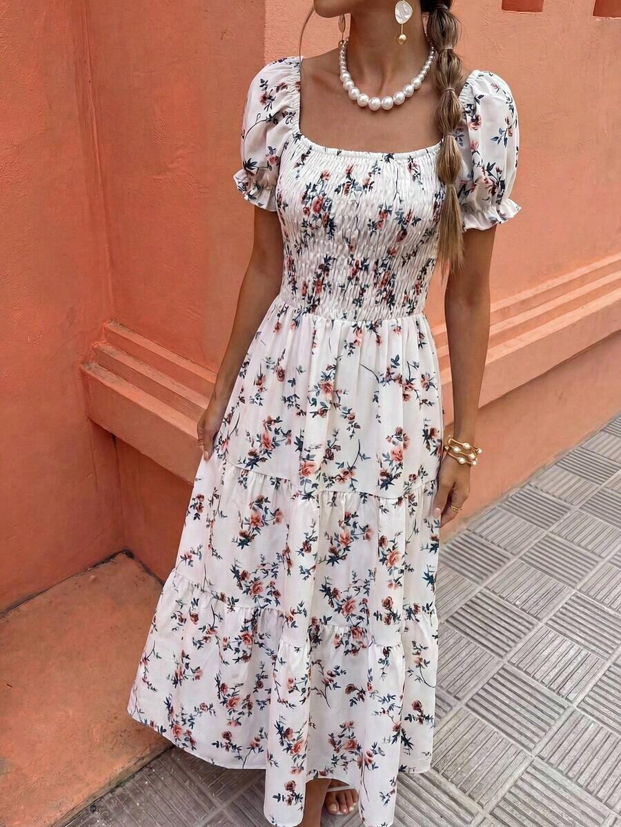 Vestido maxi con cuello cuadrado, manga corta fruncida y volante en el bajo, con pequeños estampados florales, adecuado para uso casual diario, trabajo, viajes, playa, estilo bohemio, occidental, festivales de música, estilo campestre - Multicolor - Ver 1
