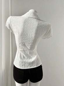 Jafgg Elegante Camisa Blanca de Tela Tejida para Mujer, Manga Corta, Casual, Lisa, con Detalle Fruncido en el Busto - Albaricoque - Ver 10