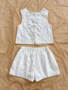 Top sin espalda con textura y lazo, holgado y casual para vacaciones, shorts casuales con elástico en la cintura y bolsillos, para playa y mar - Negro 2 - Ver 9