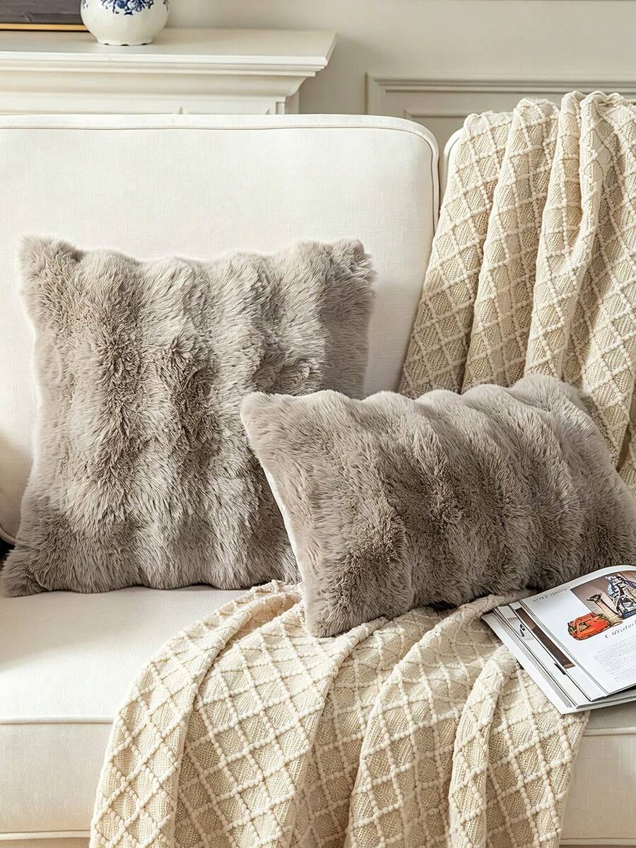 1pc Luxury Faux Rabbit Fur Pillow Case/Cushion Cover, Checkered Bubble Plush Cushion Cover, Suitable For Sofa, Bedroom, Headboard Decor, Soft & Skin-Friendly, Coffee Color - Brown - View 1