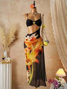 2 piezas Conjunto de bikini para mujer, bikini con decoración de flor de metal y tirantes ajustables, vestido de playa bohemio con estampado de malla floral, conjunto de 3 piezas de traje de baño, adecuado para playa, vacaciones y fiesta de piscina en verano negro - Negro y naranja - Ver 2
