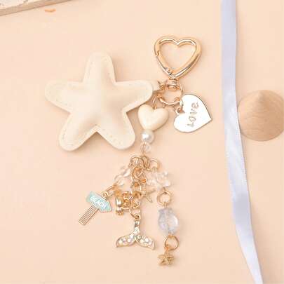 1pc Women's Cartoon PU Cute Pentagram Rhinestone Decor Mermaid Tail, Starfish, Crab, Fish Beaded Pendant, Metal Alloy Letter, Heart Keychain, Bag Charm Accessories