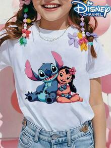[Authorized]Stitch And Lilo Print Disney Girl's Summer Round Neck Casual T-Shirt, Slightly Stretchy Fabric,Suitable For Birthday Gifts,Ideal For Daily Activities,Sports, And Travel, Summer T-Shirts For Girls - trắng - Xem 1