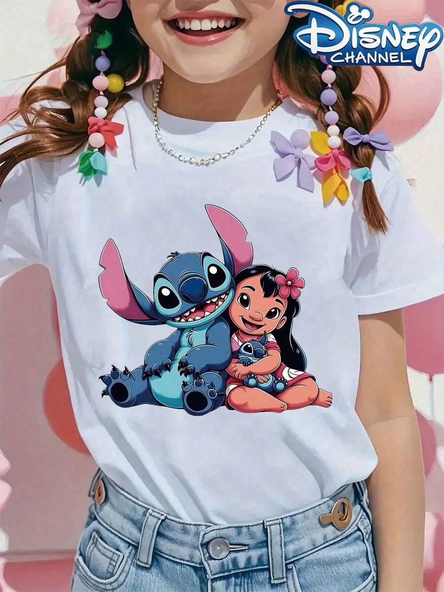 [Authorized]Stitch And Lilo Print Disney Girl's Summer Round Neck Casual T-Shirt, Slightly Stretchy Fabric,Suitable For Birthday Gifts,Ideal For Daily Activities,Sports, And Travel, Summer T-Shirts For Girls - trắng - Xem 1