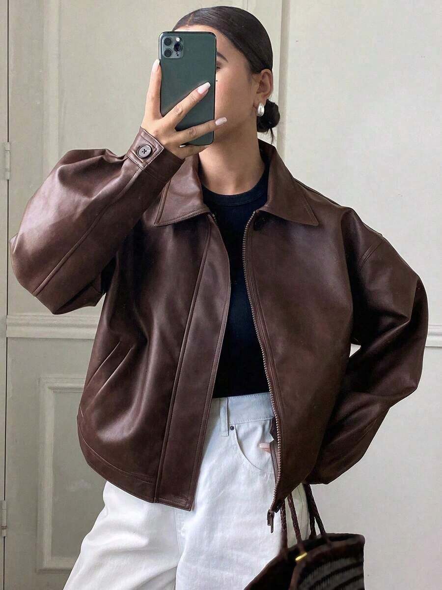 Chaqueta regular de mujer de PU gruesa, suelta y casual, nueva para otoño/invierno - Burdeos - Ver 1