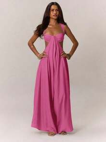 Mono con busto fruncido y pernera extra ancha para vacaciones de verano, estilo bohemio, para usar en bodas, citas, fiestas de primavera y eventos elegantes - Rosa - Ver 5