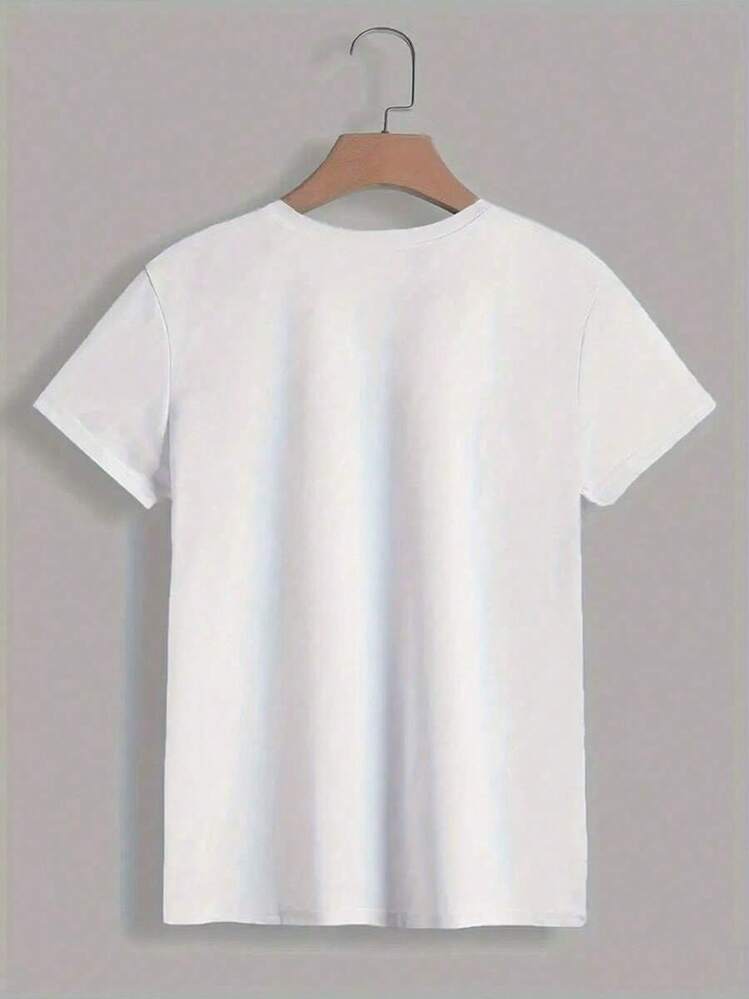 100% Cotton T-Shirt With Spanish Letter Print, For Spring And Summer, Round Neck, Short Sleeve, Sporty, For Women. - 白色 - 查看 2