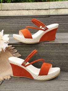 Women's Fashion Round Toe Summer Open Toe Slip-On Comfortable Wedge Thick Bottom Sandals, Multi-Color, Plus Size - Orange - View 3