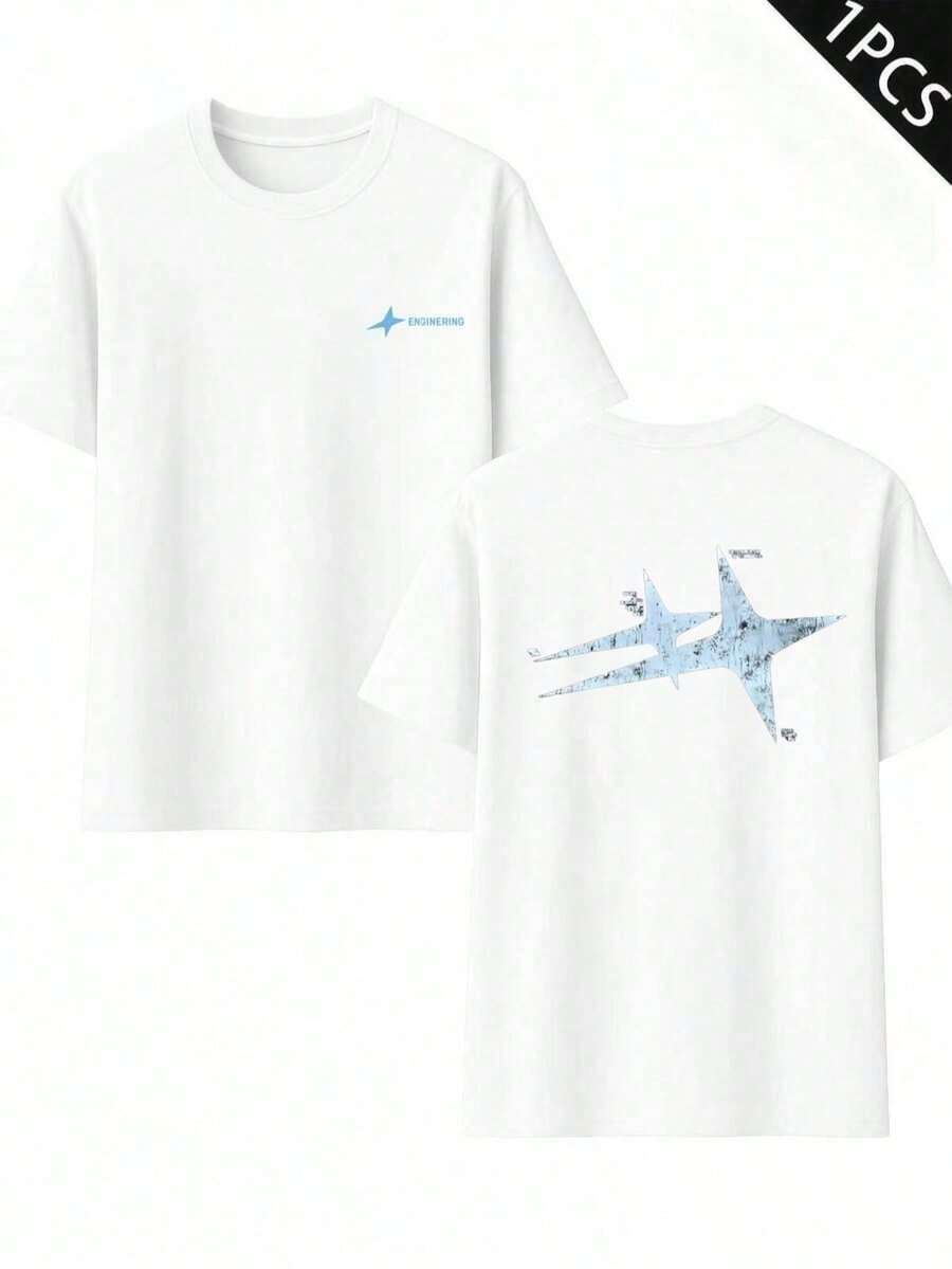 Camiseta de mezcla de algodón con estampado gráfico, ligera, jersey de algodón con estampado a doble cara, duradera, corte clásico, informal, esencial para oto?o. - Blanco - Ver 1
