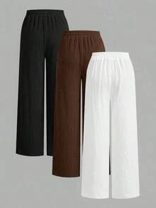 Set de 3 pantalones rectos sueltos de cintura alta con cordón y bolsillos, de unicolor y versátiles, adecuados para primavera/verano - Multicolor 7 - Ver 2