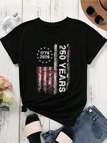 Women's 4th Of July Clothing, Patriotic T-Shirt With American Flag For The 250th Independence Day 2026, White Graphic Print T-Shirt To Celebrate American Freedom, Festive Clothing, Free Shipping. - 黑色 - 查看 3