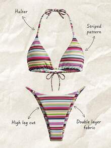 Traje de baño de 2 piezas sexy y colorido con rayas para mujer, conjunto de bikini con espalda descubierta y lazos, adecuado para la playa, vacaciones y cruceros en verano - Multicolor - Ver 3