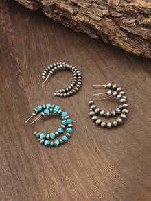 3 Pares Pacote de Valor Conjunto de Brincos com Contas, Brincos de Argola de Estilo Pérola Turquesa + Escovada Antiga com 4,5cm, Uso Diário Versátil para Mulheres - Azul - Visão 3