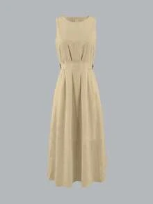 Vestido de algodón sin mangas de longitud media color caqui para mujer - Elegante, minimalista, elegante, adecuado para el transporte diario en verano - Caqui - Ver 2