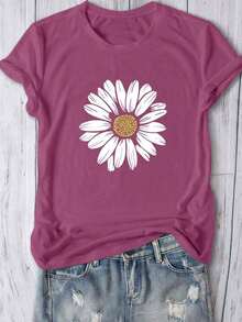 Camiseta cómoda de mujer con estampado de rayas y flores de margarita, cuello redondo, manga corta, minimalista y versátil para uso casual - Rojo violeta - Ver 7