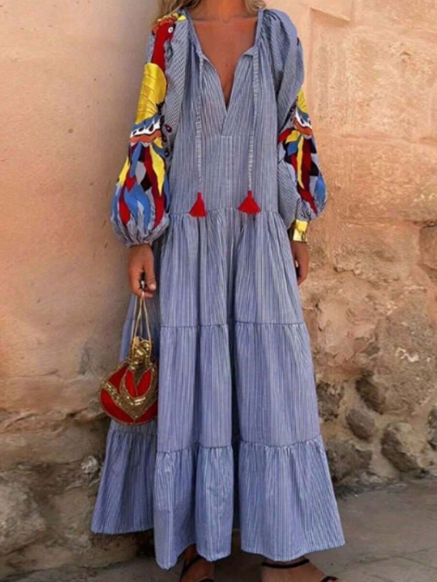 Vestido casual de estilo occidental y resort de manga larga con cuello en V y estampado de rayas vintage para mujeres - azul real - Ver 1