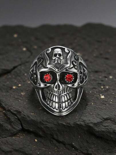 1 pieza Anillo de calavera con circonita cúbica roja de estilo gótico hip hop para hombres, joyería de acero inoxidable vintage para fiesta de Halloween, regalo para decoración diaria