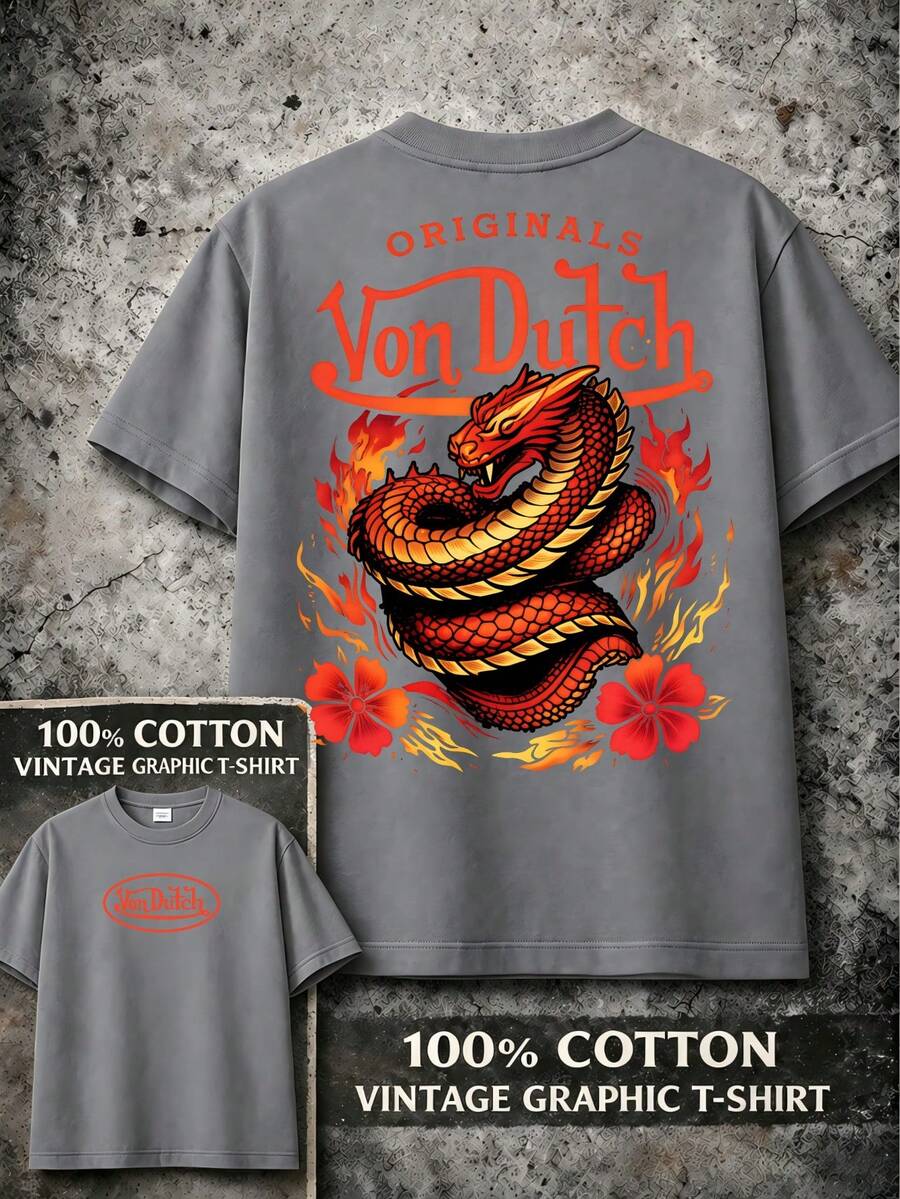 Graphic T-Shirt Vons Dutch Dragon Print Design Everyday Casual Streetwear Machine Washable Regular Fit All Season Top Weekend Outfit Playful Fashion Durable Shirt Short Sleeve Shirt - 灰色 - 查看 1