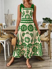 Vestido largo de verano con estampado vintage, hombros con cordones, corte en la cintura para vacaciones y playa para mujeres - Multicolor 2 - Ver 11