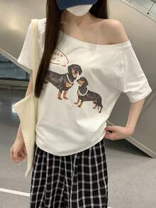 Y2K 韩版甜辣香肠狗印花露肩短袖T恤，女款，休闲宽松露脐上衣，适合学生，百搭夏季日常穿着，白色 - 白色 - 查看 4