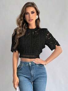 Camiseta de verano para mujer de encaje transparente con camisa, top de manga corta - Negro - Ver 5