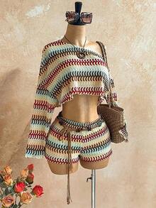 Conjunto de 2 piezas de top y shorts de cuello asimétrico de color sólido para mujer, estilo casual de vacaciones - Albaricoque 2 - Ver 7