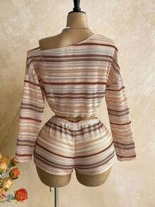 Conjunto informal de 2 piezas de top corto con cuello irregular y borde de lechuga, y shorts, en unicolor, para vacaciones, primavera/verano - Multicolor 6 - Ver 2