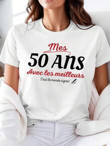 Camiseta casual de manga corta para mujer, estampado de firma de cumpleaños número 50 francés, para primavera y verano, estilo diario, para salidas diarias, regalo de vacaciones - [Blanco] - Ver 1