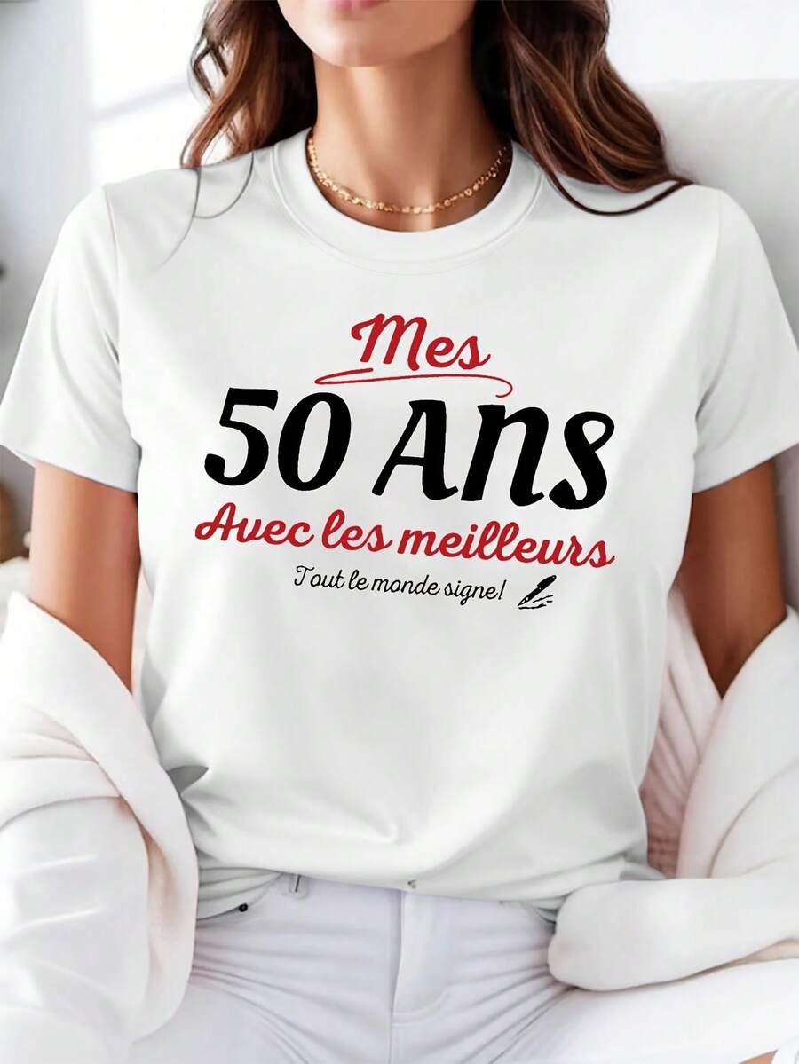 Camiseta casual de manga corta para mujer, estampado de firma de cumpleaños número 50 francés, para primavera y verano, estilo diario, para salidas diarias, regalo de vacaciones - [Blanco] - Ver 1
