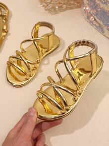 Children's Elastic Ankle Strap Flat Sandals, Open Toe Gladiator Style Summer Casual Sandals Suitable For Girls - Gold - View 8