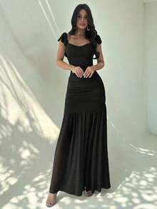 Vestido ajustado de malla verde con drapeado y volante en el bajo, elegante para mujer, apropiado para fiestas, vacaciones, festivales de música, bodas, almuerzos, Día de San Patricio, vestidos largos de estilo bohemio, vestidos de graduación, atuendos de playa, atuendos de aeropuerto - Negro - Ver 9