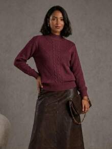 Women's Modal Knit Winter Blouse With Braided High Neck, Modern Style - Redwood - View 1