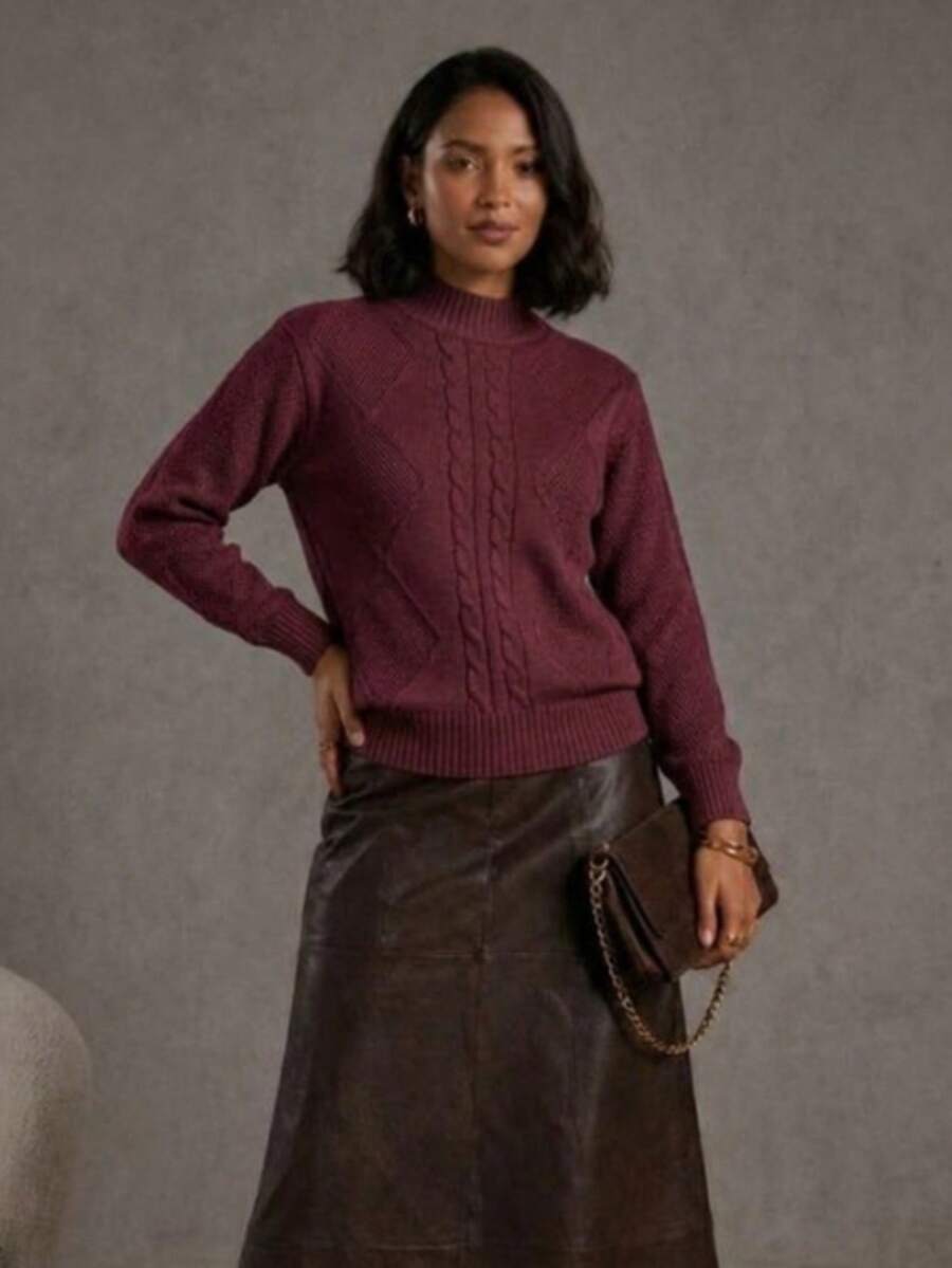 Women's Modal Knit Winter Blouse With Braided High Neck, Modern Style - Redwood - View 1