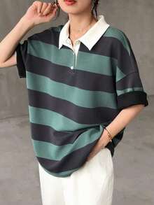 Camiseta holgada a rayas para mujer, cuello polo, manga corta, ropa casual de verano, ropa para la vuelta al cole. - Verde - Ver 3