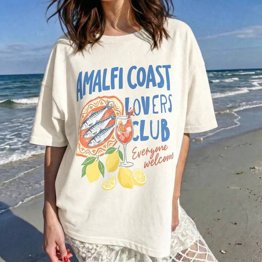 1pc Amalfi Coast Lovers Club Cotton T Shirt Vintage Italy Travel Graphic Summer Vacation Tee Summer T Shirts Summer Tops Haut été - trắng - Xem 1