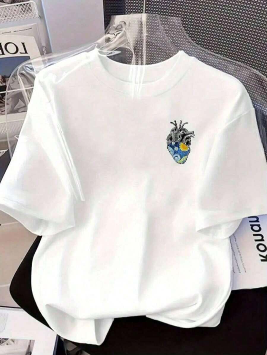Camiseta Mujer Manga Corta Grafico corazon pintura noche estrellada van gogh estilo moderno juvenil  Cuello Redondo Estilo Moderno Casual - Blanco - Ver 1