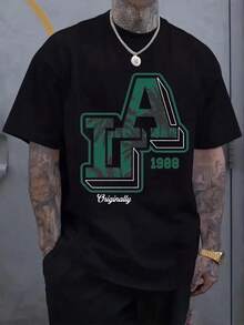Camiseta de Hombre Talla Grande 100% Camiseta de Hombre con Estampado de Letras a la Moda, Diseño de Palma y Elementos 1988, Cómoda, Casual, de Manga Corta para el Verano - Negro - Ver 6