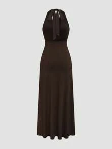 Women's Solid Color Knit Deep V-Neck Sexy Backless Halter Casual Beach Holiday Dress Elegant - Brown - View 6