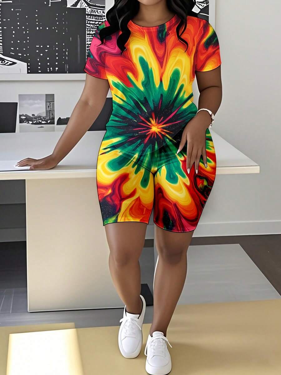 Women's Short Sleeve Shorts Set Vibrant Tie Dye Print Colorful Summer Outfit Casual Comfortable T Shirt And Shorts Ensemble Women Fashion Wear For Warm Weather Seasonal Clothing Style - 彩色 - 查看 1
