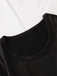 Camiseta de algodón de manga corta para mujer, con estampado de letras coloridas, cuello redondo, estilo deportivo, ropa deportiva para mujer. - Negro - Ver 6