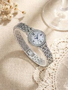 1pc Silver Diamond-Studded Watch, Roman Numeral Dial, Metal Band, Suitable For Daily And Party Wear - Silver - View 3