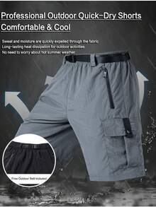 Men's Outdoor Cargo Shorts - Waterproof Quick Dry Cooling Breathable, Dual Zipper Pockets With Free Belt For Hiking,Men's Waterproof Cargo Shorts,Men's Cargo Shorts With Belt,Men's Hiking Shorts,Mens Clothes,Shorts For Men - 森林綠 - 查看 6
