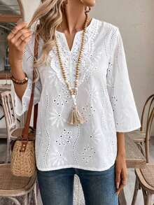 Blusas casuales de mujer de manga larga con escote en pico en unicolor, blusas de manga tres cuartos - Blanco 3 - Ver 3
